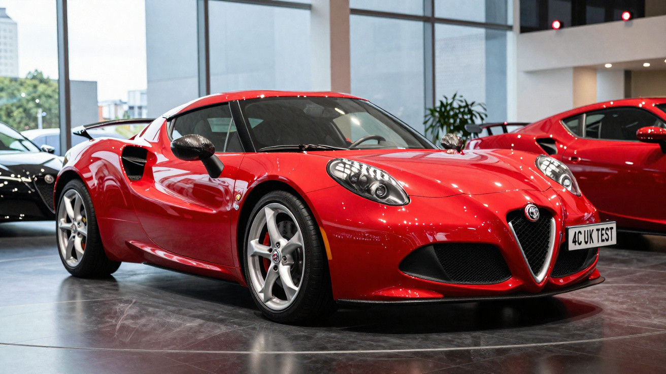 Carro esportivo vermelho Alfa Romeo 4C exposto em showroom com piso espelhado.