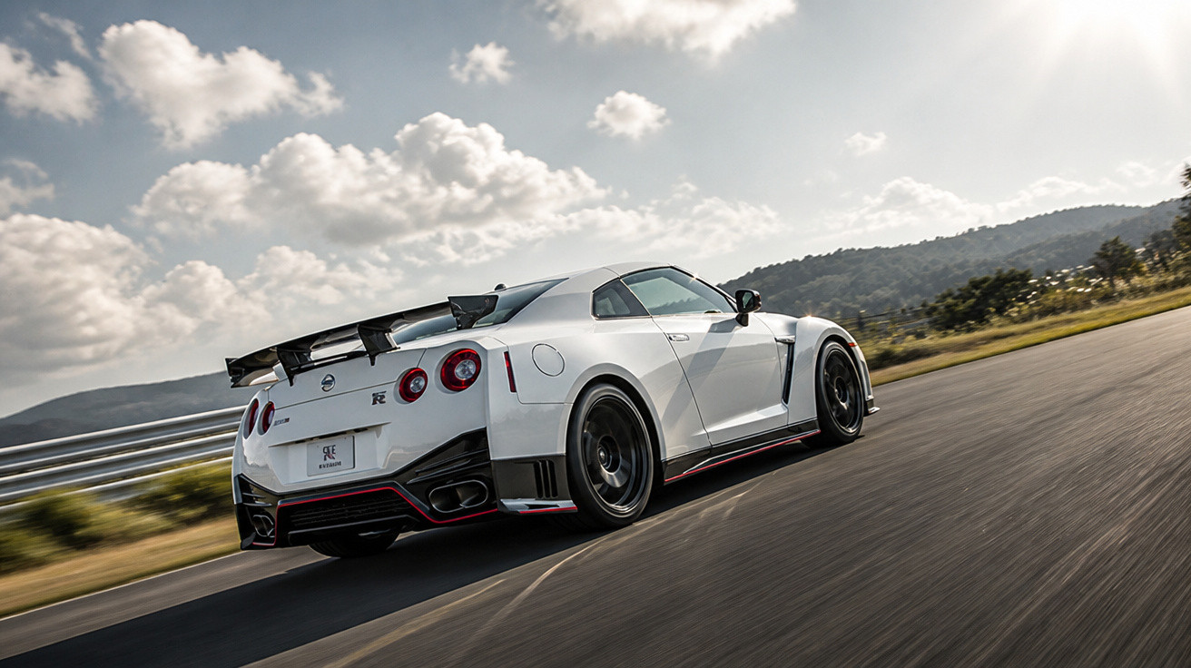 Carro esportivo branco Nissan GT-R em alta velocidade em estrada com céu nublado ao fundo.