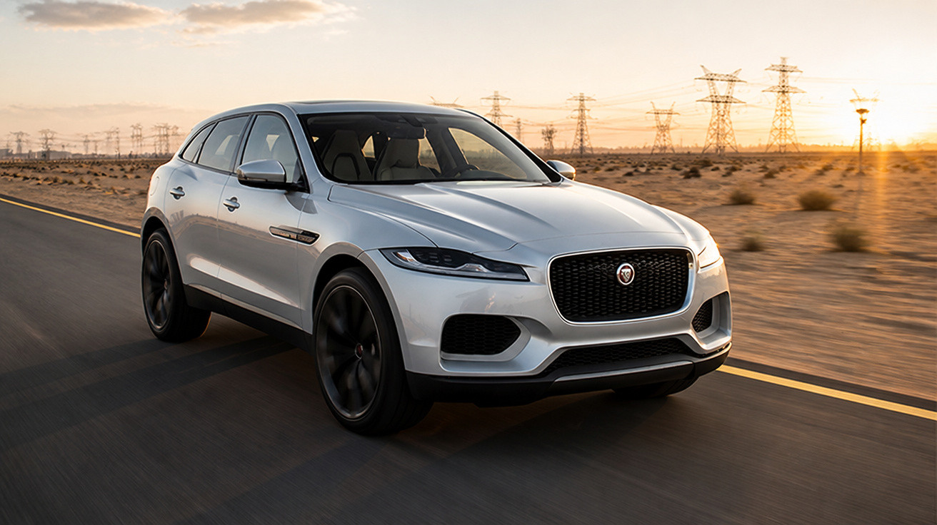 Carro SUV prata Jaguar conduzindo em estrada deserta ao pôr do sol com postes de energia ao fundo.