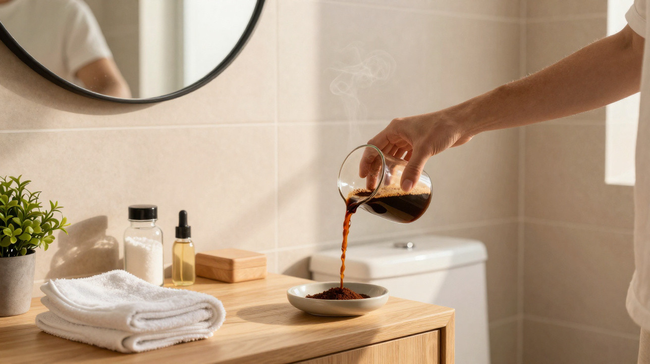 Pessoa derramando café quente em pó sobre prato em banheiro com toalhas, plantas e frascos.