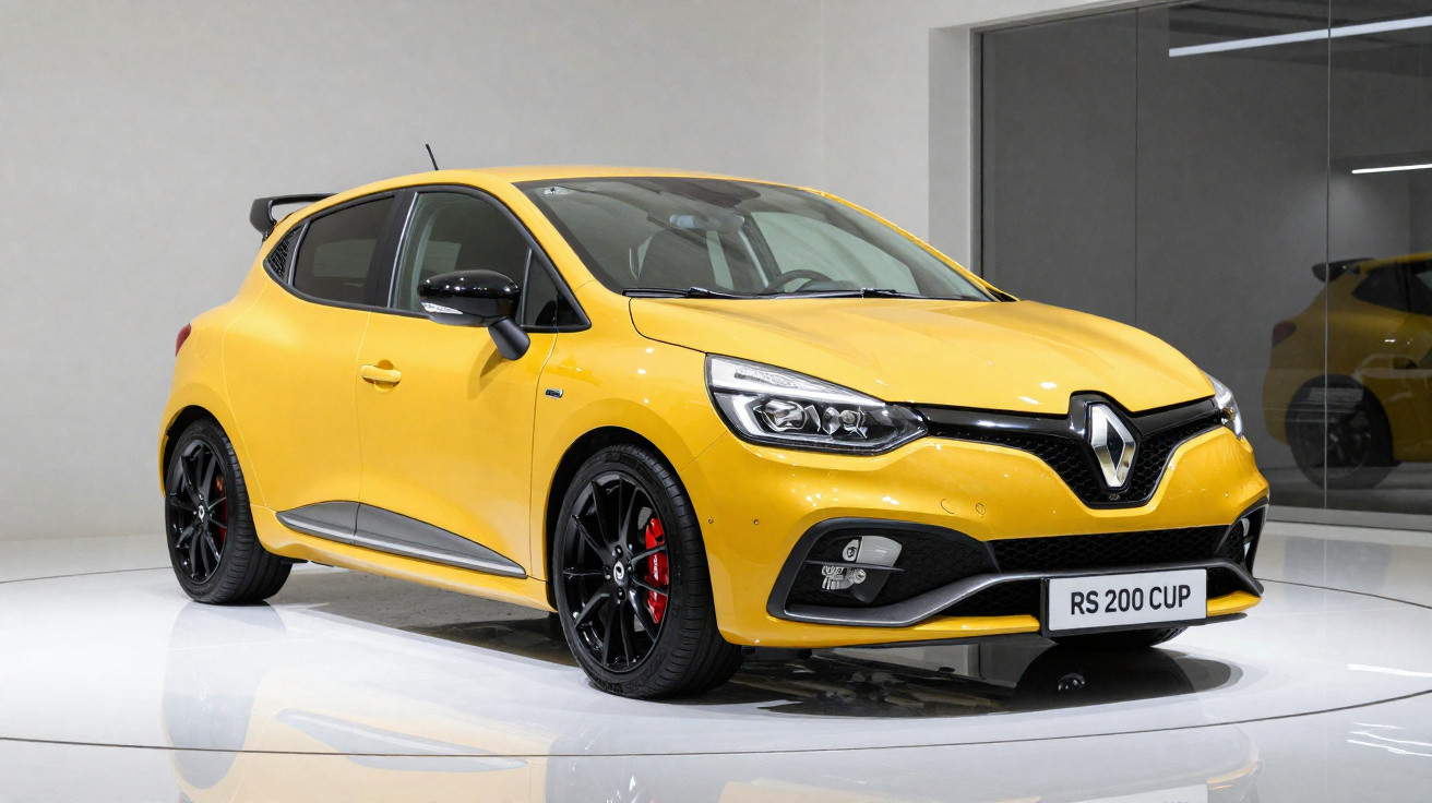 Carro esportivo Renault RS 200 Cup amarelo exibido em ambiente interno com piso branco e parede cinza.