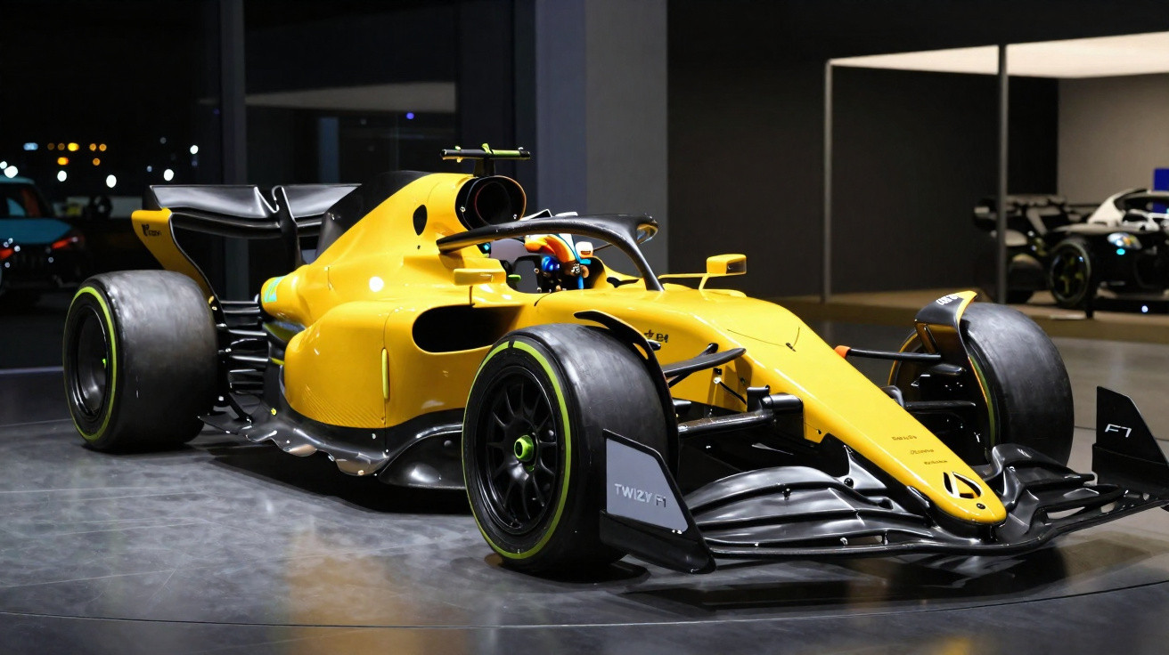 Carro de Fórmula 1 amarelo em exposição com detalhe nas rodas e aerodinâmica avançada, ambiente interno escuro.