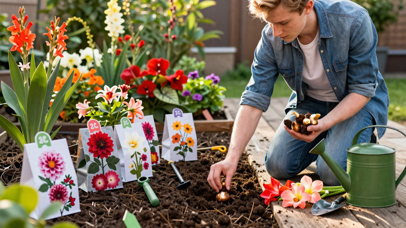 Jovem plantando bulbos de flores no jardim, com regador e ferramentas ao lado.
