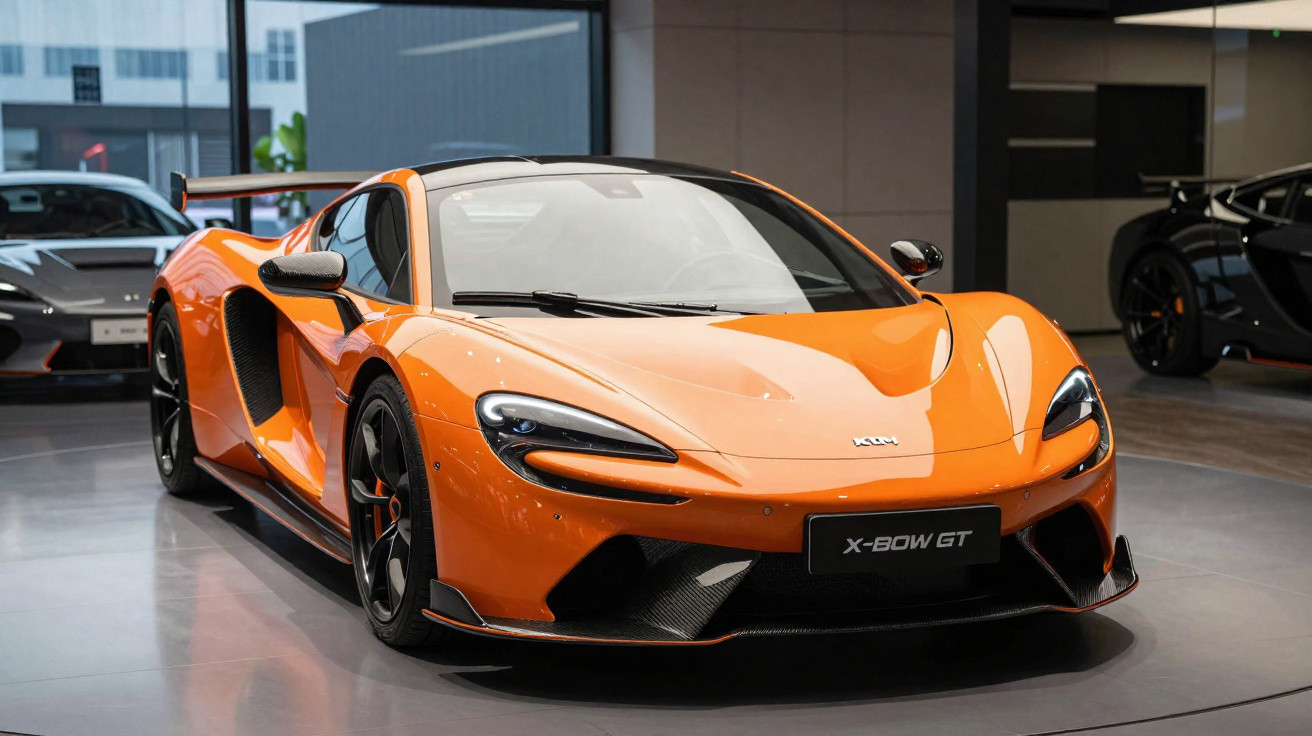 Carro esportivo laranja McLaren X-Bow GT em exposição interna com iluminação suave.