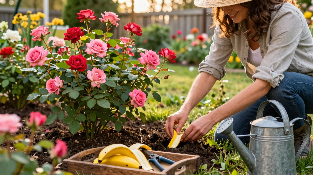 Mulher cuidando de rosas rosas e vermelhas em jardim, com regador e caixa de ferramentas ao lado.