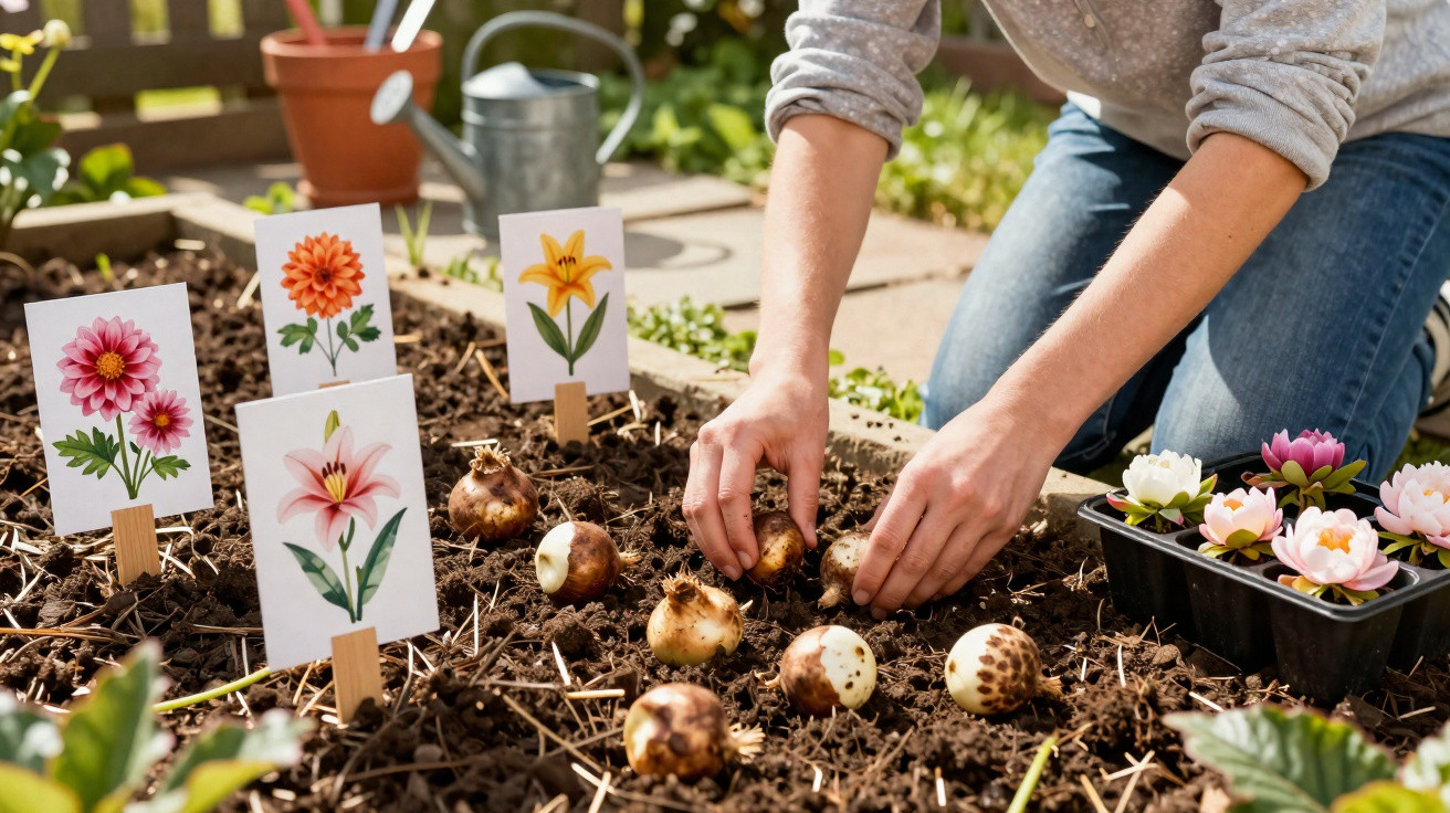 Pessoa plantando bulbos de flores em canteiro com etiquetas ilustrativas das flores ao redor
