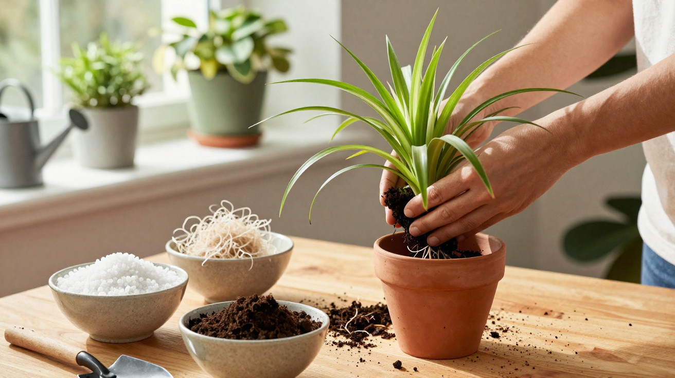 Mãos plantando muda em vaso de cerâmica com terra, sal e musgo sobre mesa de madeira clara.