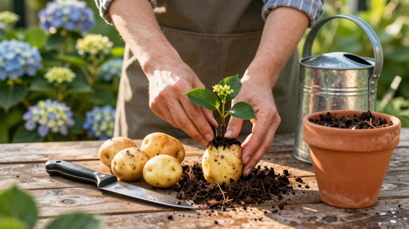 Pessoa transplantando muda de planta em batata sobre mesa de madeira com outros tubérculos, regador e vaso.