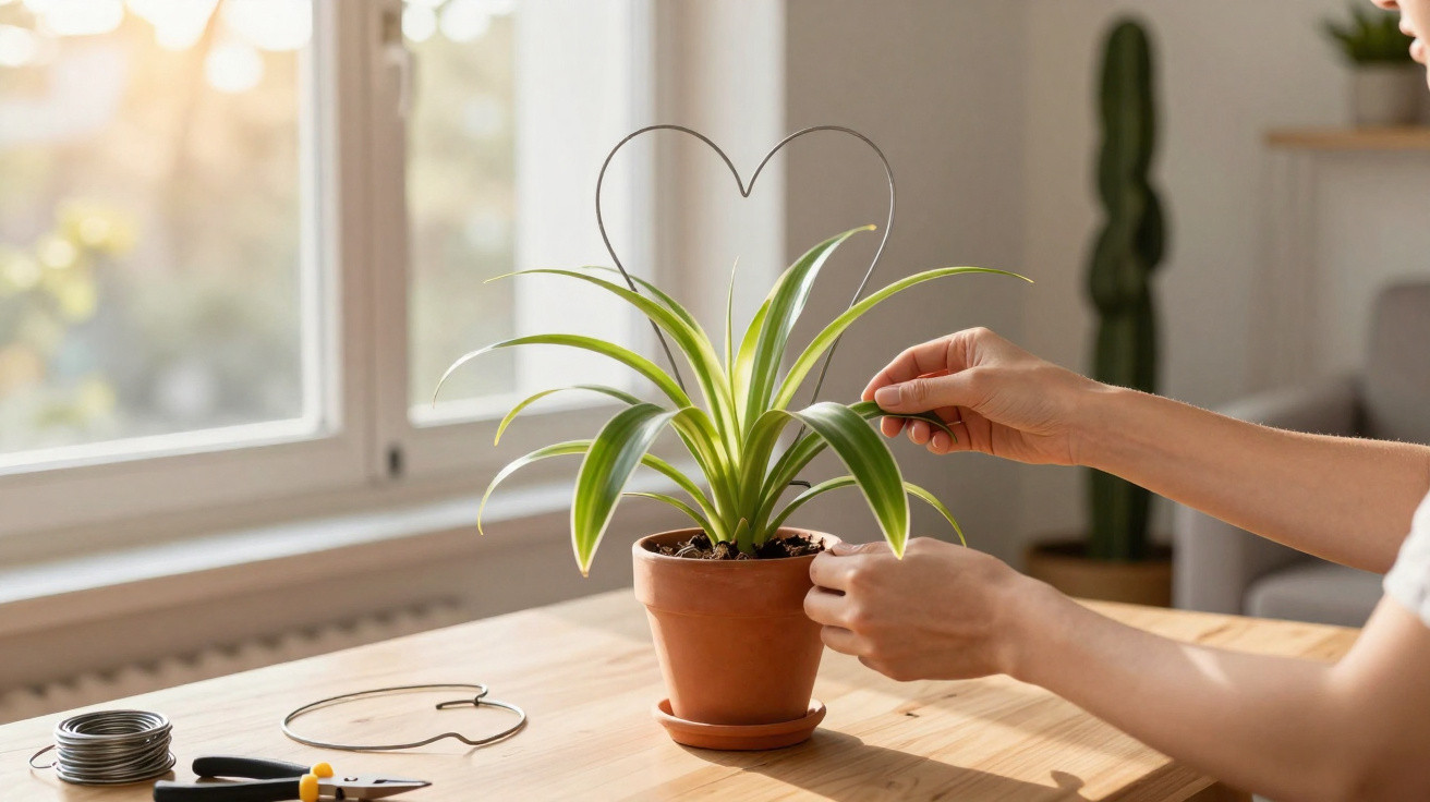 Mãos cuidando de planta dentro de vaso de barro com suporte de arame em formato de coração.