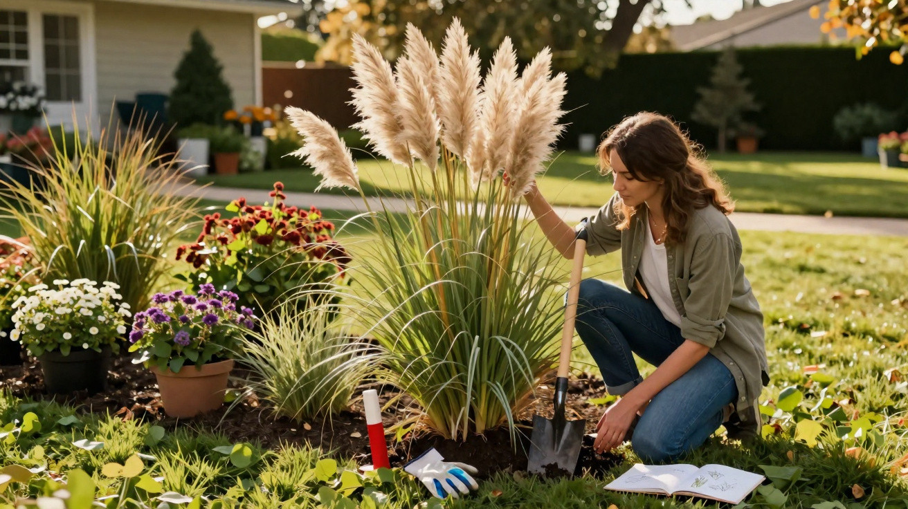 Mulher jardineira cuidando de planta com flores brancas em jardim ensolarado de casa.