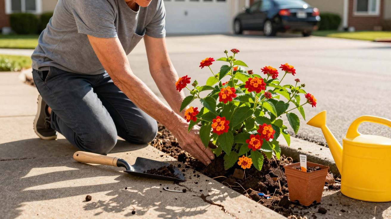 Pessoa plantando flores vermelhas e amarelas em canteiro urbano, com regador e pá ao lado.