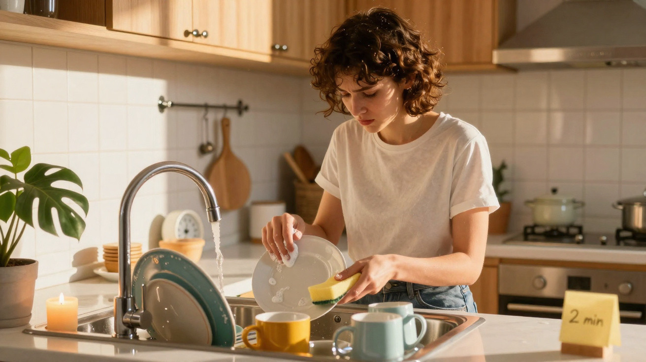 Mulher lavando pratos na pia de cozinha com esponja e água corrente ao meio-dia.