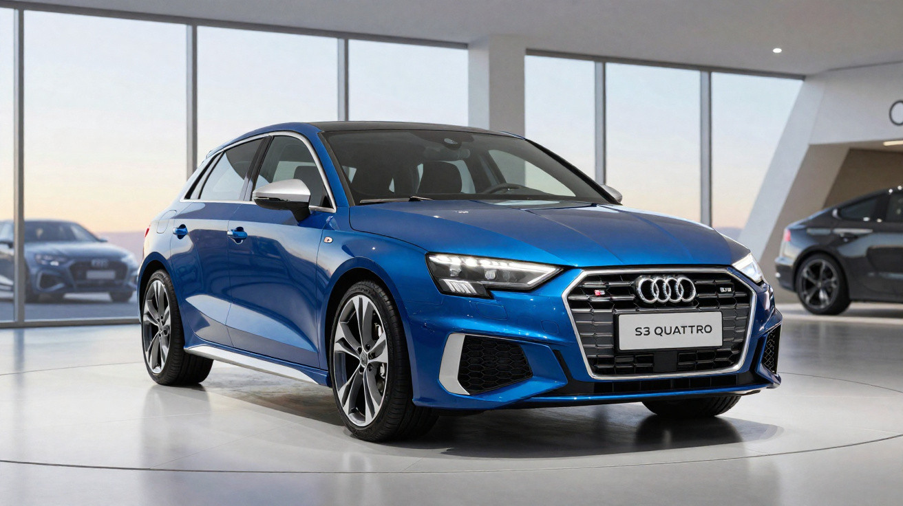 Audi S3 Quattro azul em exposição interna com grande janela ao fundo e outro carro cinza à direita.