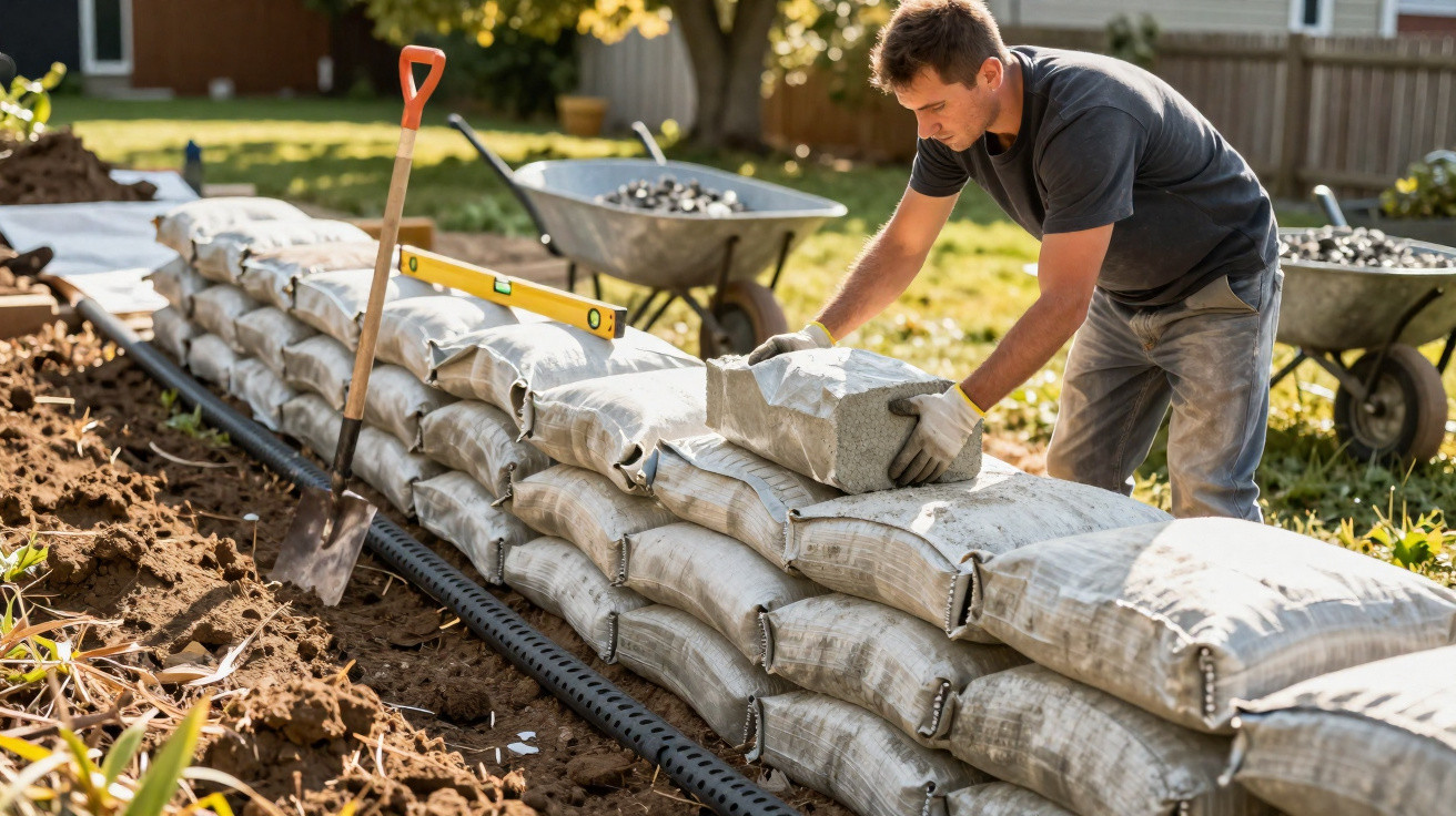 Homem constrói muro de contenção com sacos de terra e bloco de concreto em jardim ensolarado.