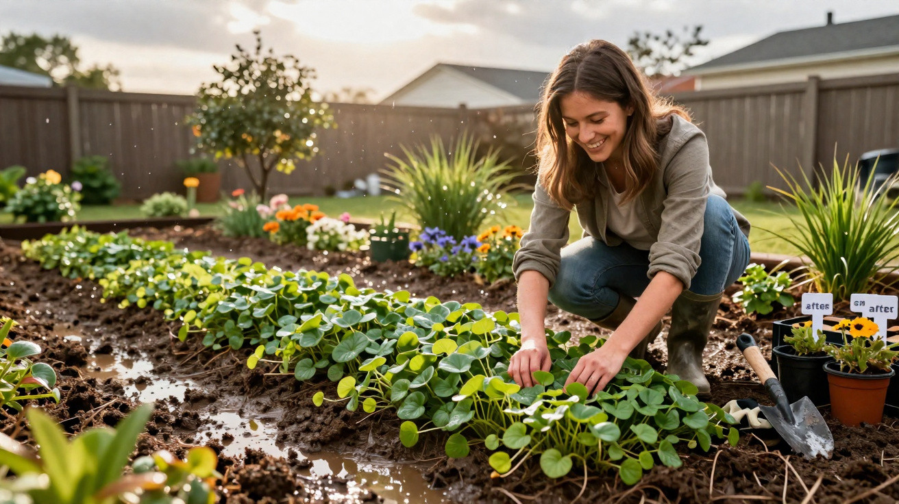 Mulher sorridente cuidando de plantas em jardim florido ensolarado no quintal de casa.