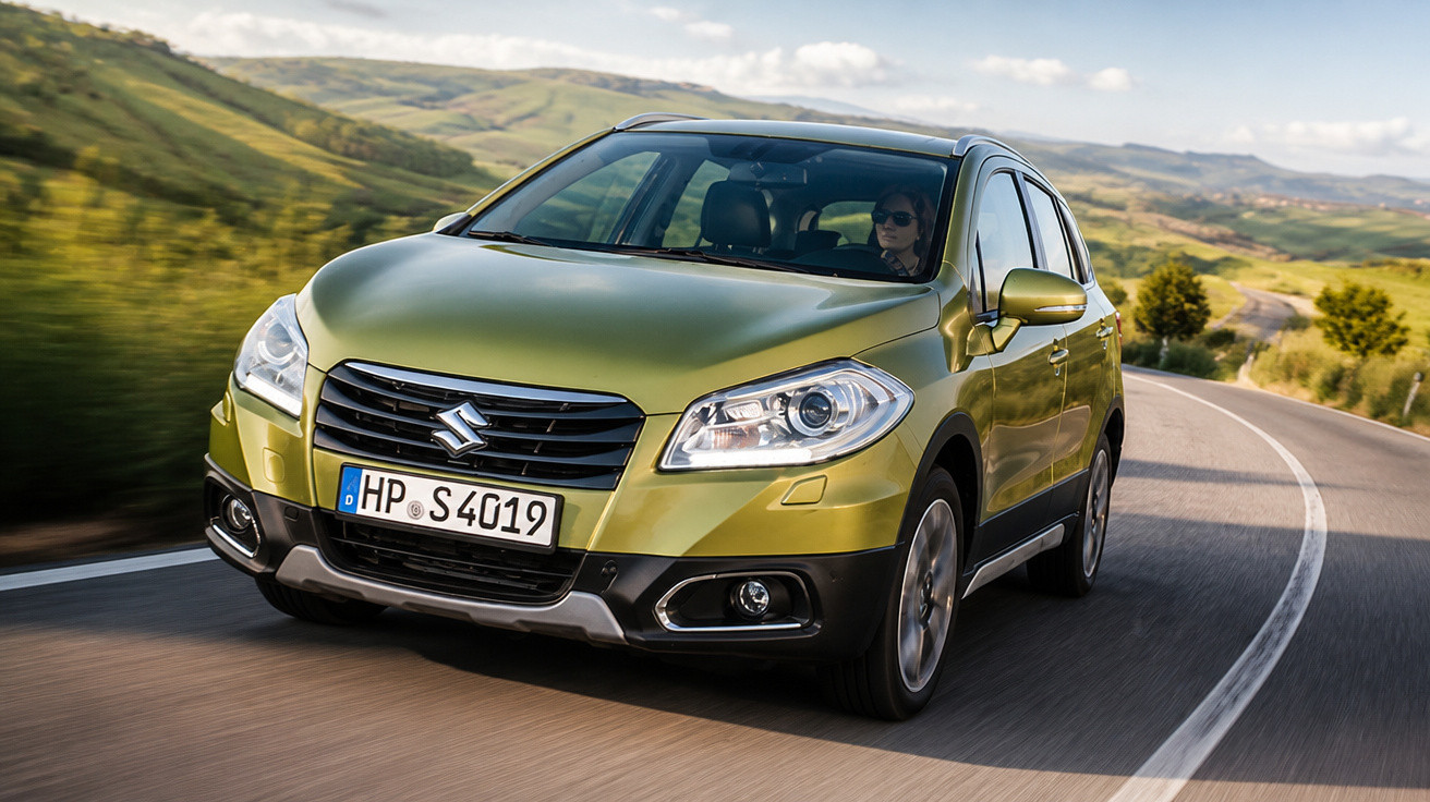 Carro SUV verde Suzuki em estrada sinuosa com motorista em paisagem rural ao entardecer.
