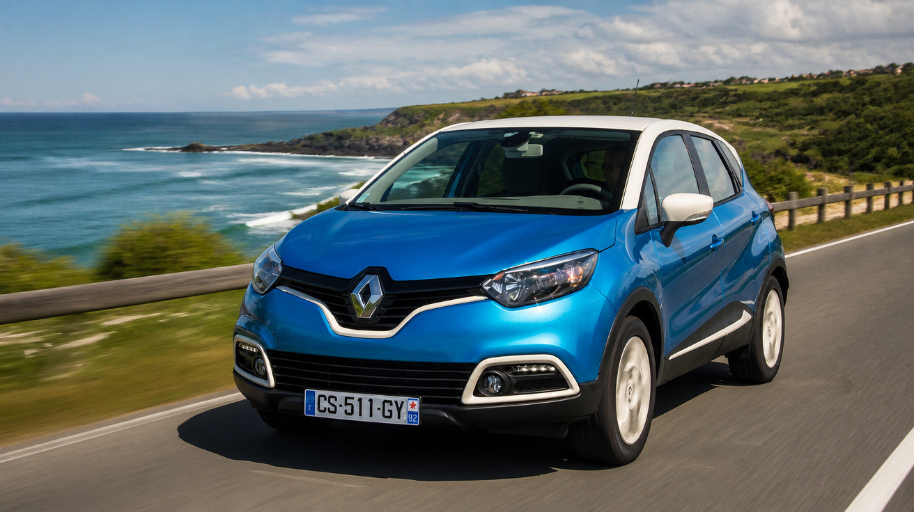 Carro azul Renault modelo compacto em estrada costeira com céu parcialmente nublado e mar à esquerda.