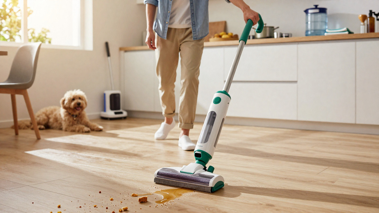 Pessoa limpando piso de madeira com aspirador enquanto cachorro observa sentado na cozinha.