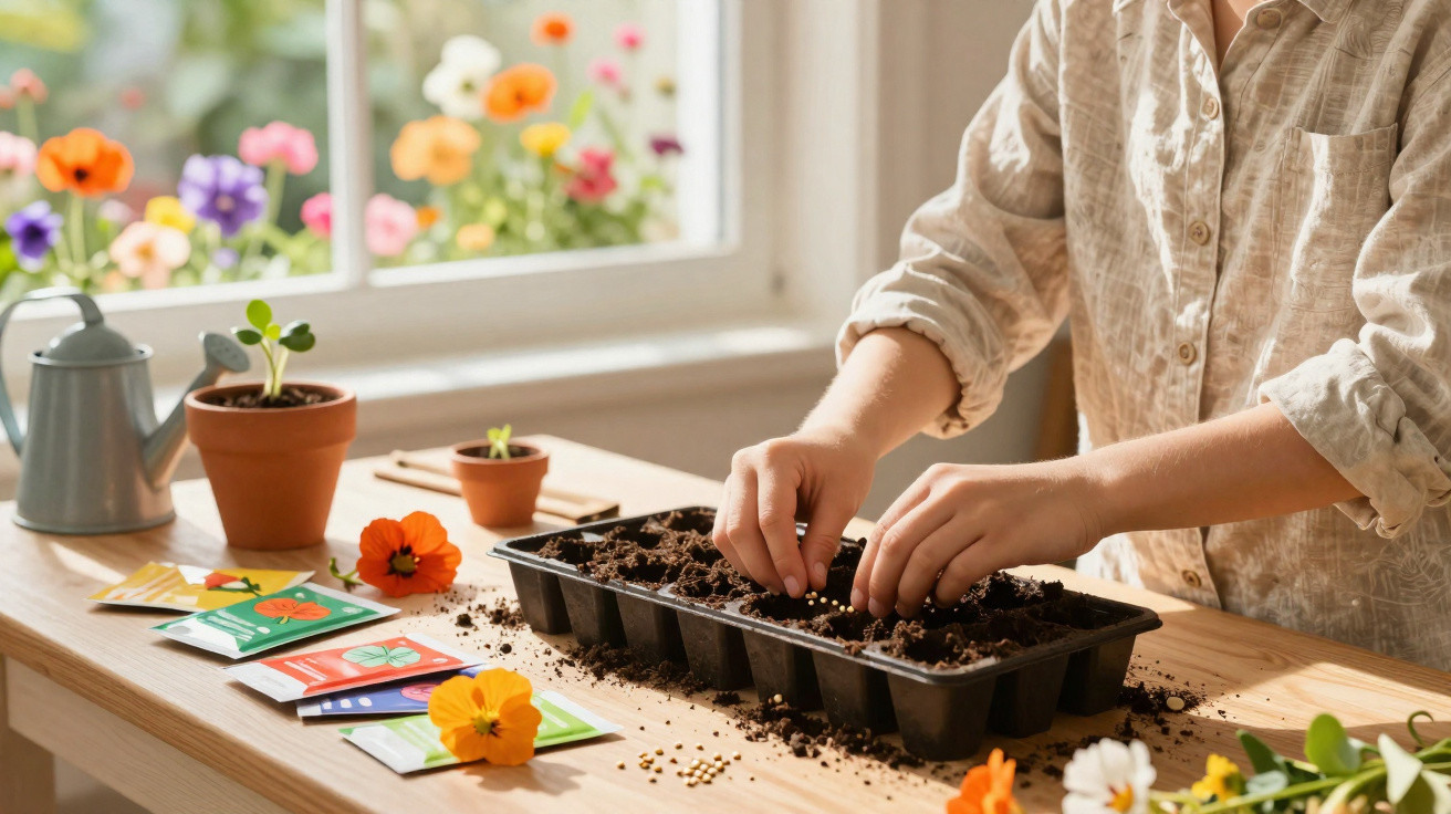 Pessoa plantando sementes em bandeja de mudas próxima à janela com flores coloridas ao fundo.