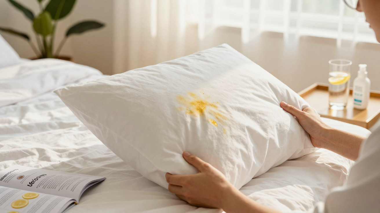 Pessoa segurando travesseiro branco com mancha amarela em cama clara iluminada por luz natural.