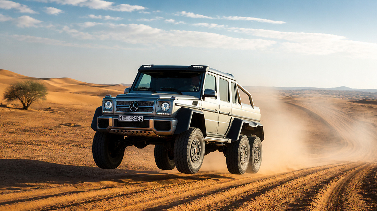 Carro off-road Mercedes-Benz 6x6 acelerando em estrada de terra no deserto com poeira ao fundo.