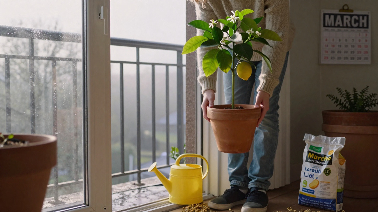Pessoa segurando vaso com planta de limão ao lado de regador amarelo e sacos de adubo perto da varanda.