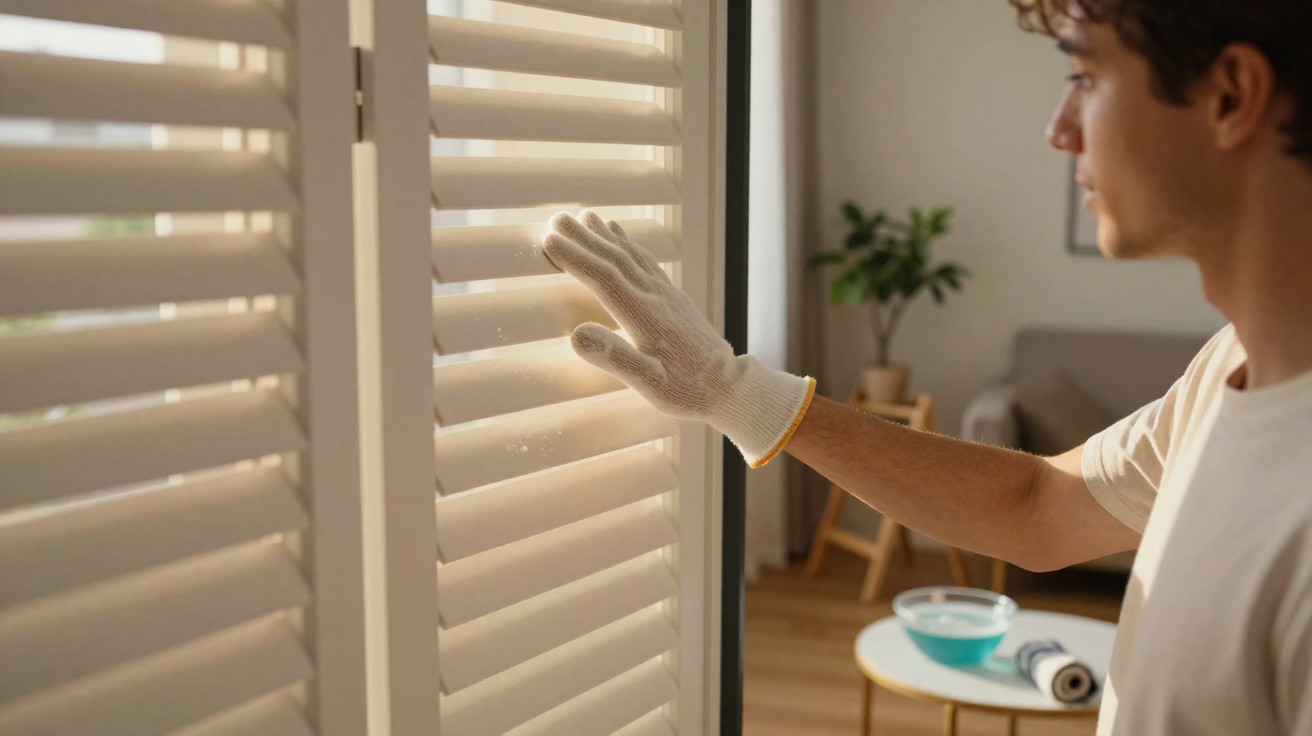 Homem com luva branca limpando persiana branca em ambiente interno iluminado.