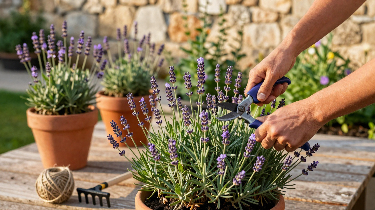 Mãos podando flores de lavanda em vaso de barro sobre mesa de madeira em jardim ensolarado.