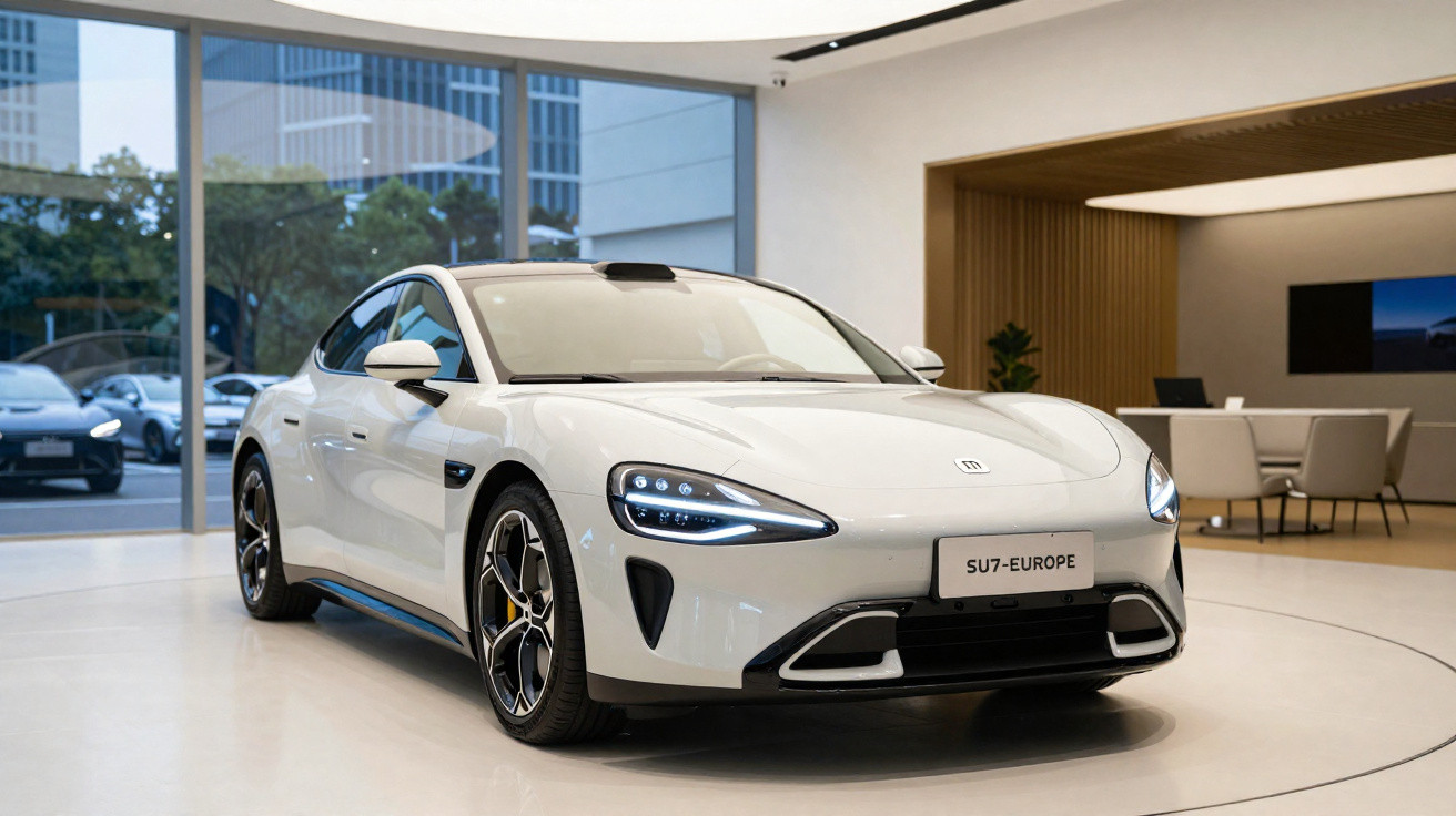 Carro elétrico branco moderno em exposição dentro de showroom com luz natural.