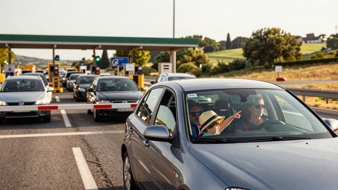 Carro com família passando por pedágio, com fila de veículos ao fundo sob luz do dia.