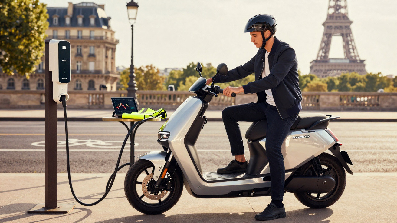 Homem com capacete monta scooter elétrica enquanto ela carrega em estação pública na cidade.