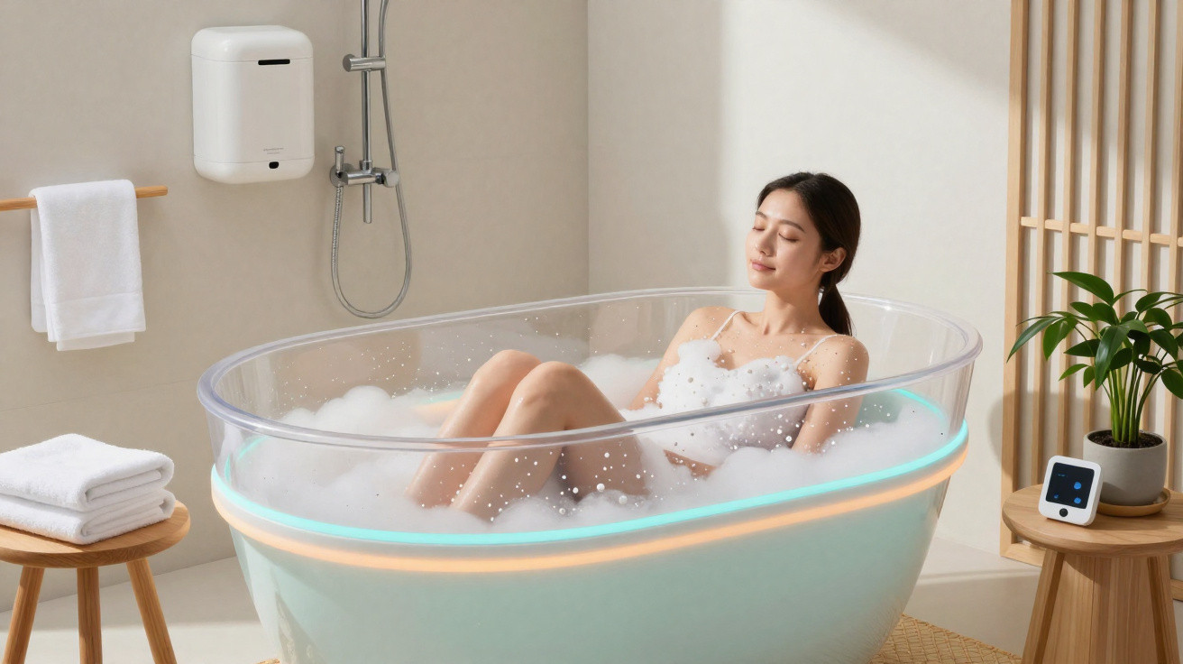 Mulher relaxando em banheira transparente com espuma, ambiente minimalista e decoração com plantas.