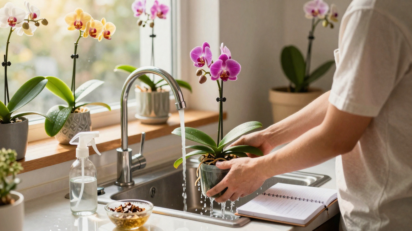 Pessoa regando orquídea rosa em vaso na pia de cozinha com várias outras orquídeas ao fundo, luz natural.
