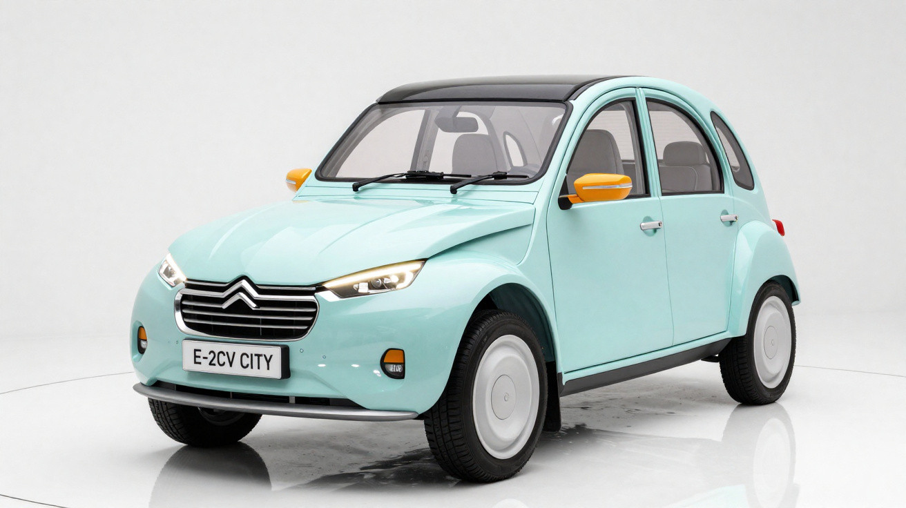 Carro elétrico Citroën E-2CV City azul com teto preto e retrovisores amarelos em fundo branco.