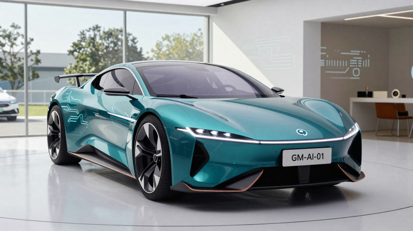 Carro esportivo elétrico verde com design futurista em showroom moderno e iluminado.