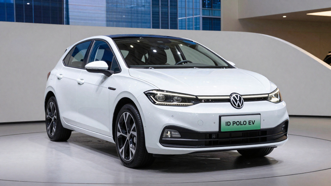 Carro branco Volkswagen ID Polo EV elétrico expositor em ambiente interno moderno.