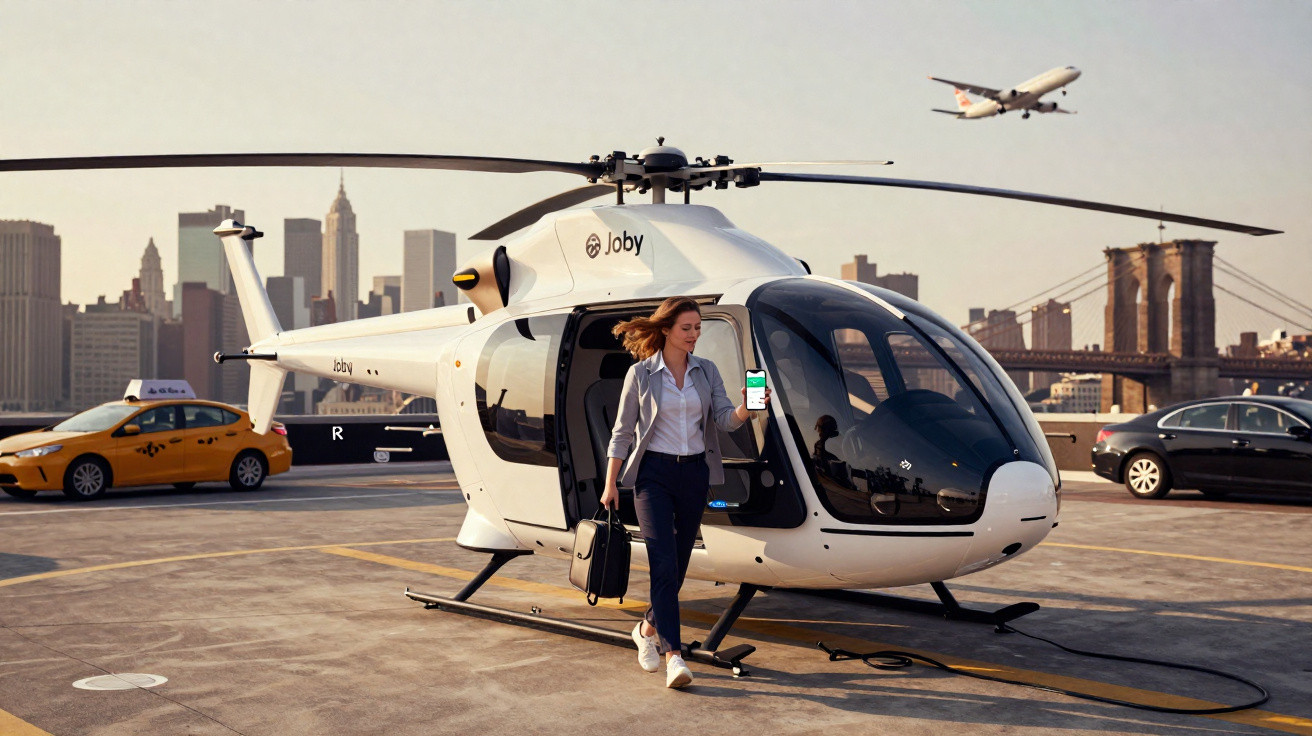 Mulher sai de helicóptero branco com celular na mão em heliponto urbano, com táxi, carros e avião ao fundo.