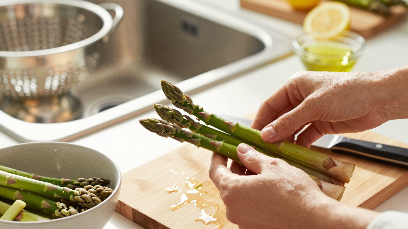 Mãos segurando e preparando aspargos verdes em uma tábua de madeira na cozinha.