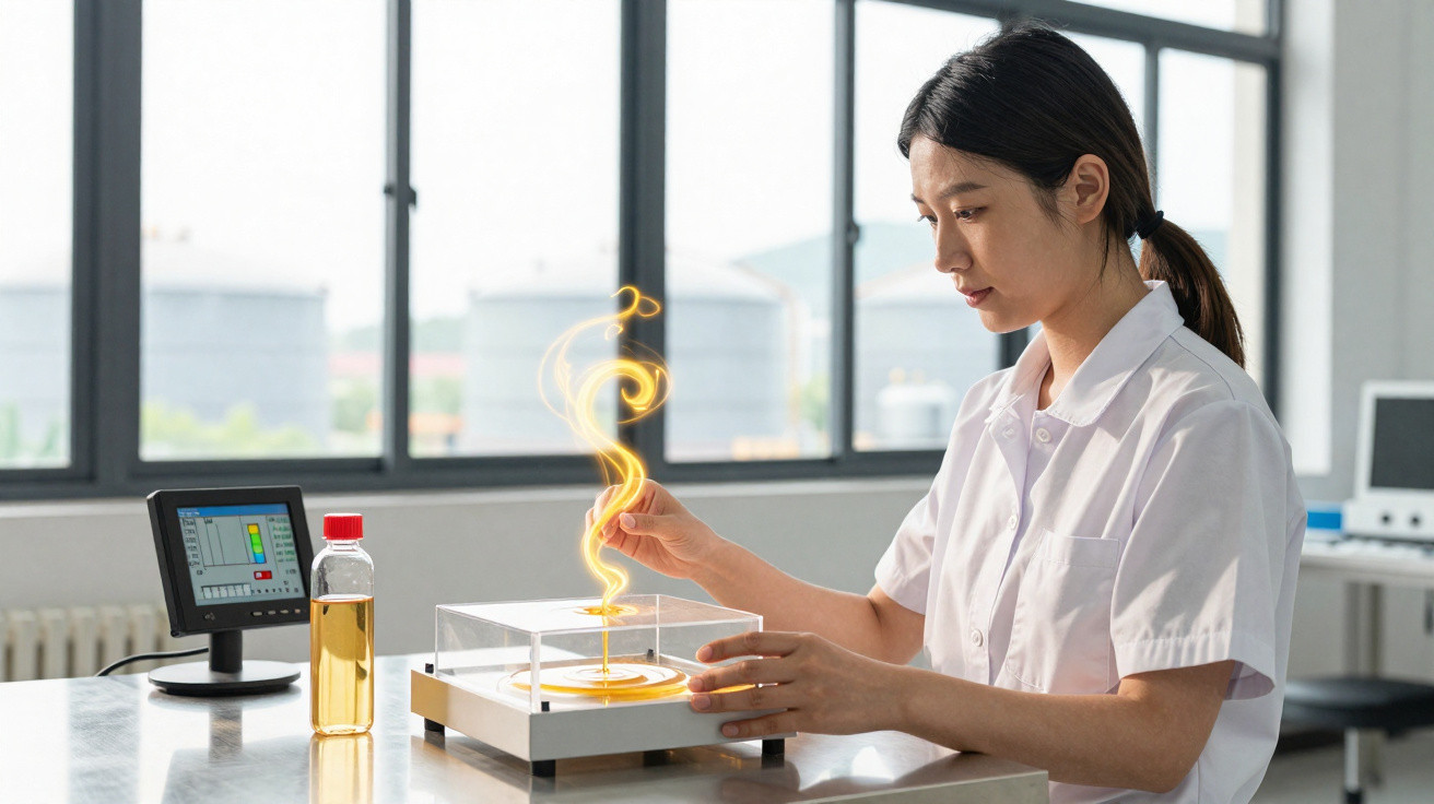 Mulher cientista em laboratório manipulando equipamento com efeito luminoso amarelo.