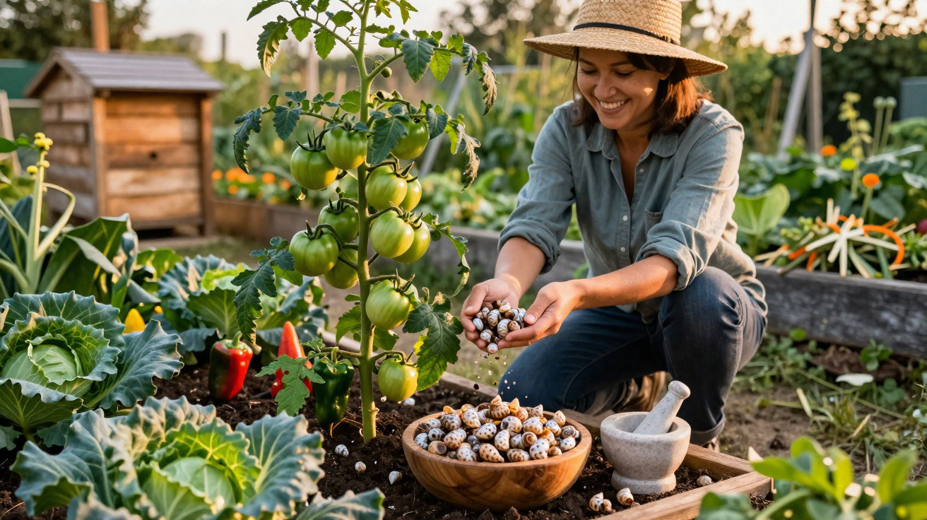 Mulher sorridente colhendo caracóis em horta com tomateiras e verduras, usando chapéu de palha.