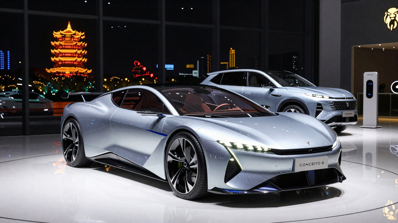 Carro esportivo conceito prata em exposição interna com cidade iluminada ao fundo à noite.