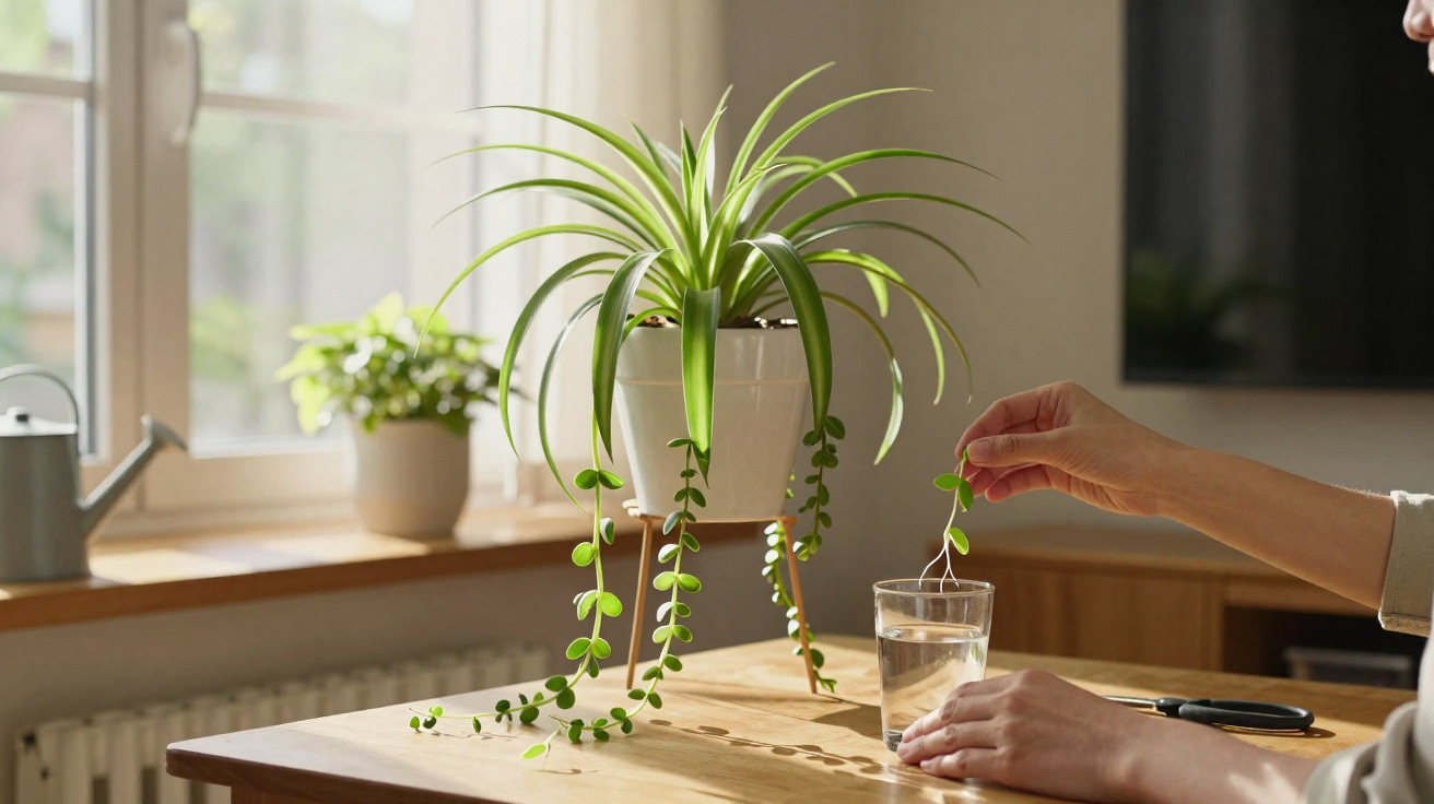 Pessoa retirando um galho de planta de vaso para colocar em um copo com água sobre a mesa.