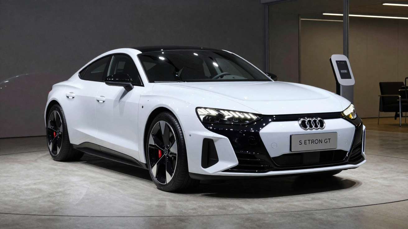 Carro esportivo Audi S Etron GT branco exibido em ambiente interno com iluminação suave.