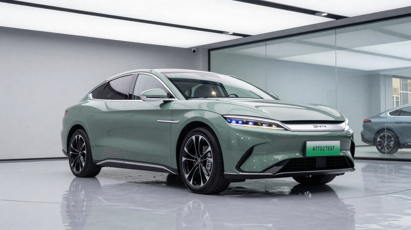 Carro elétrico verde com design moderno e aerodinâmico em showroom com paredes de vidro.