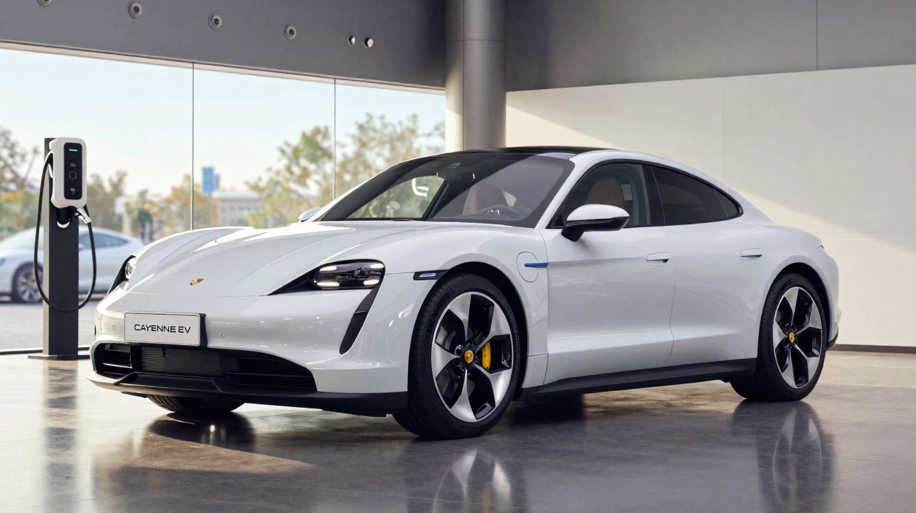Carro elétrico branco Porsche Taycan EV estacionado em showroom ao lado de carregador elétrico.
