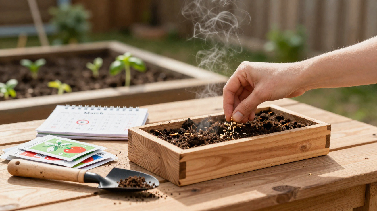 Mão semeando sementes em caixa de madeira com terra, perto de calendário, pacotes de sementes e pá de jardinagem.