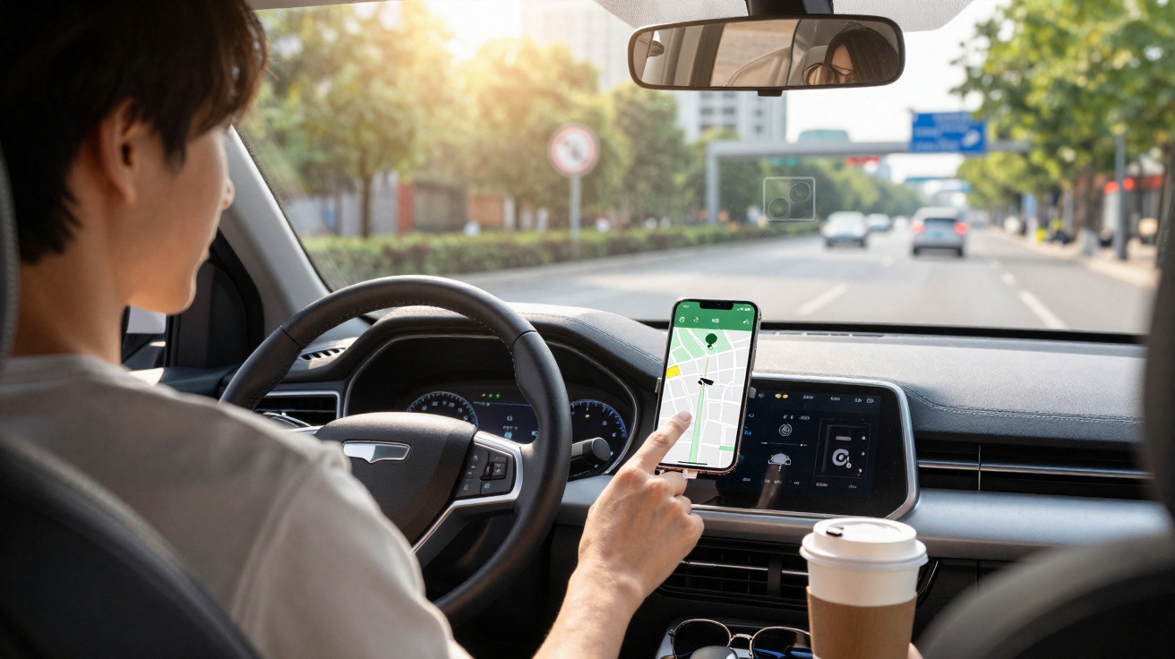 Pessoa dirigindo carro elétrico e usando aplicativo de navegação no celular durante o dia.