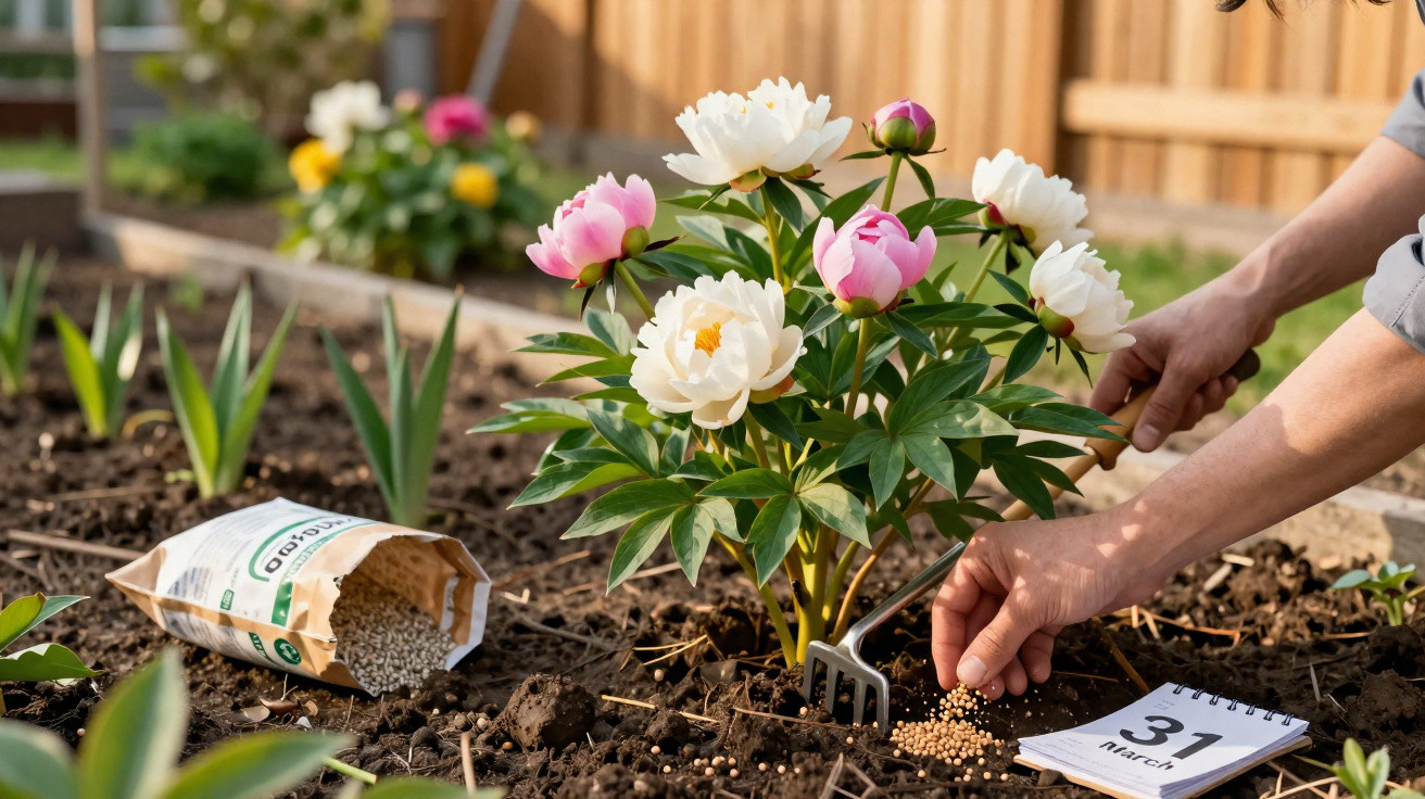 Pessoa plantando flores rosa e branco em canteiro com solo e saco de adubo aberto ao lado.