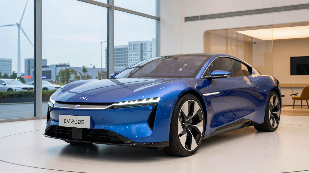 Carro elétrico azul moderno exposto em showroom com janelas grandes e ambiente interno sofisticado.