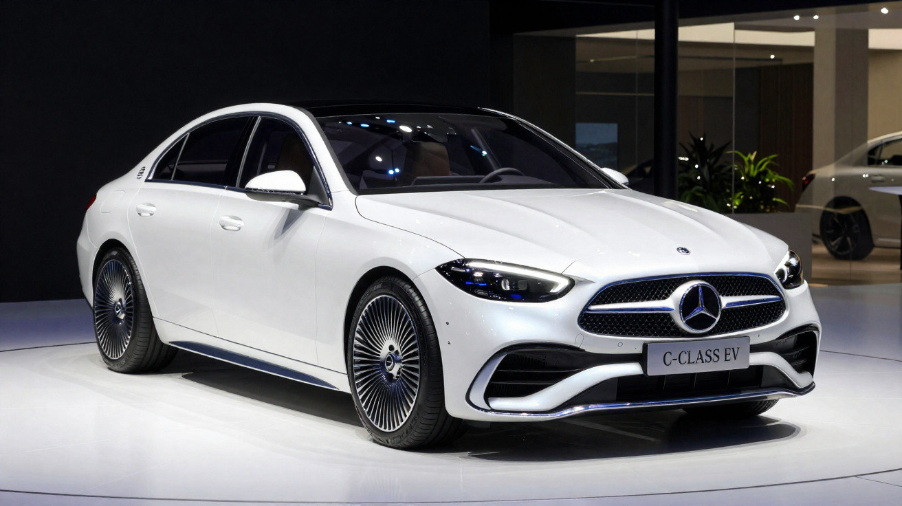 Carro elétrico Mercedes-Benz C-Class EV branco exibido em salão com design moderno e rodas aerodinâmicas.